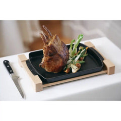 Staub | 13-inch x 9-inch, Rectangular Serving Dish With Wood Base, Matte Black | Cast Iron - Accessories