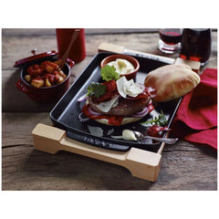 Staub | 13-inch x 9-inch, Rectangular Serving Dish With Wood Base, Matte Black | Cast Iron - Accessories